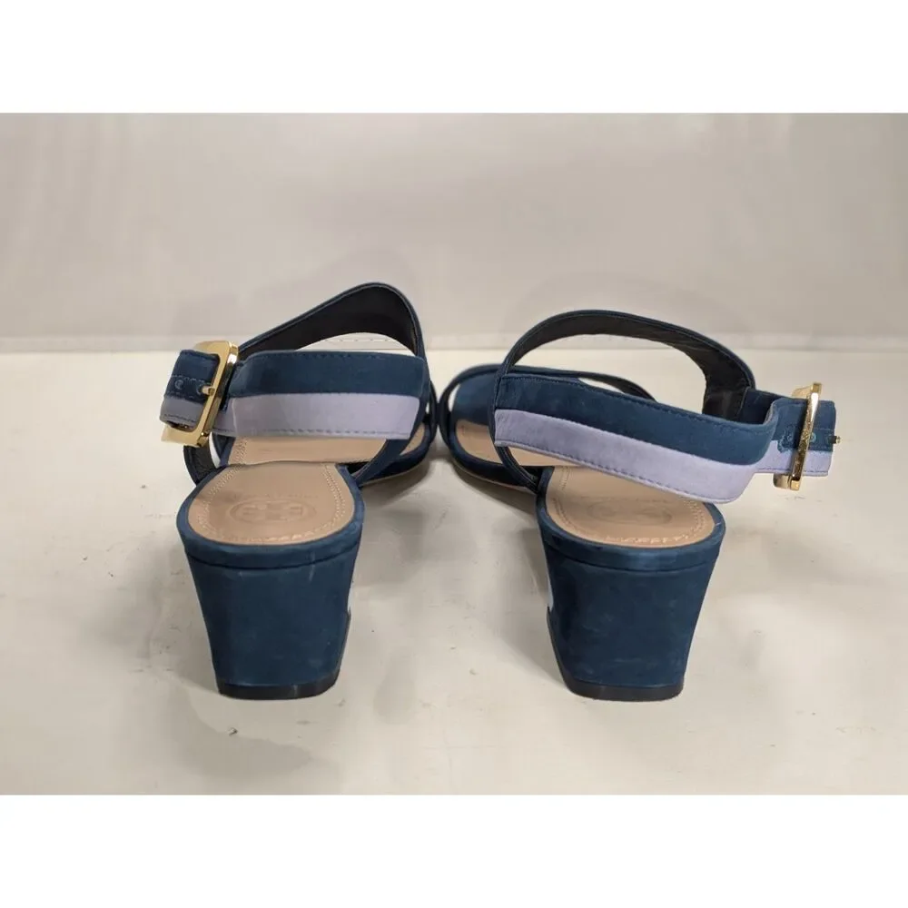 Tory Burch Teal and Light Blue Block Heel Sandals with Gold Buckle